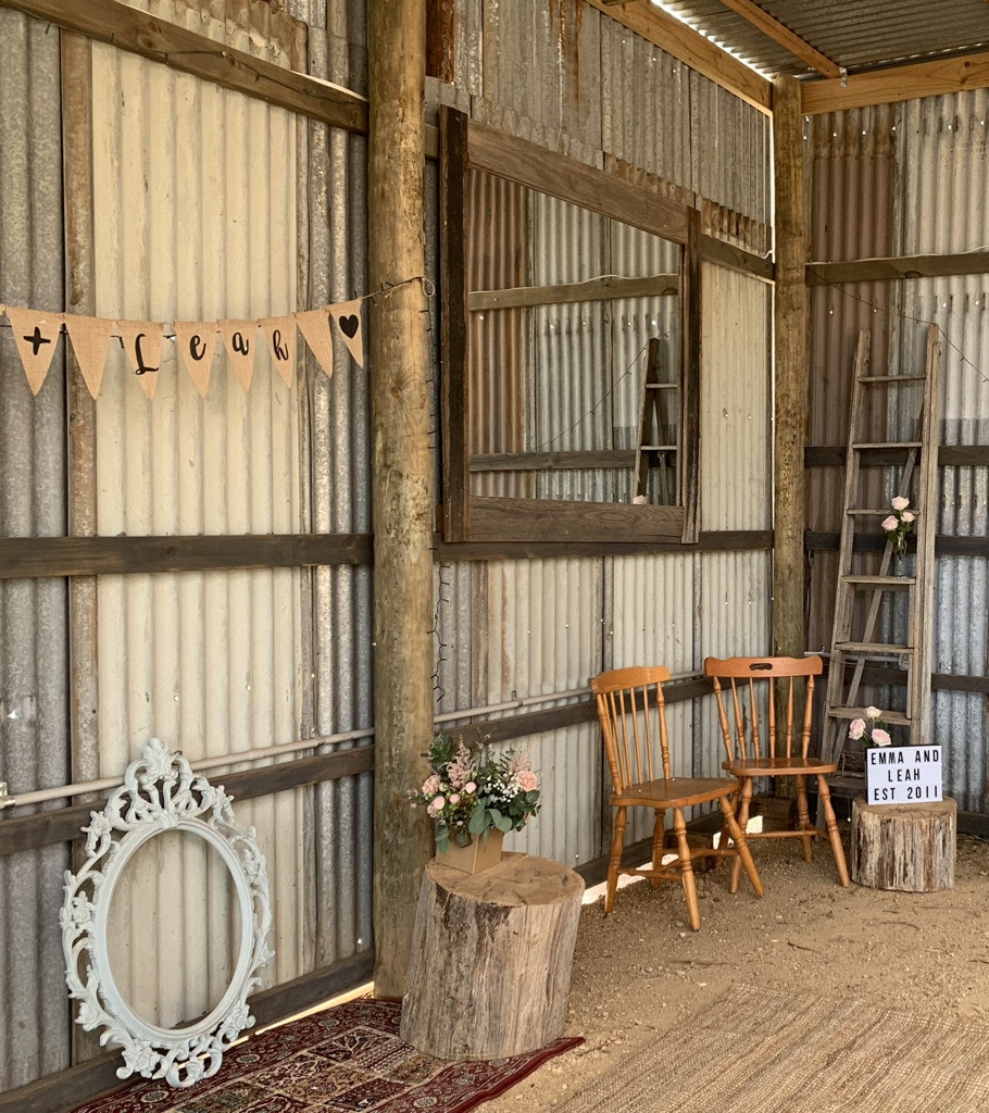Shed with iron cladding styled for a wedding.